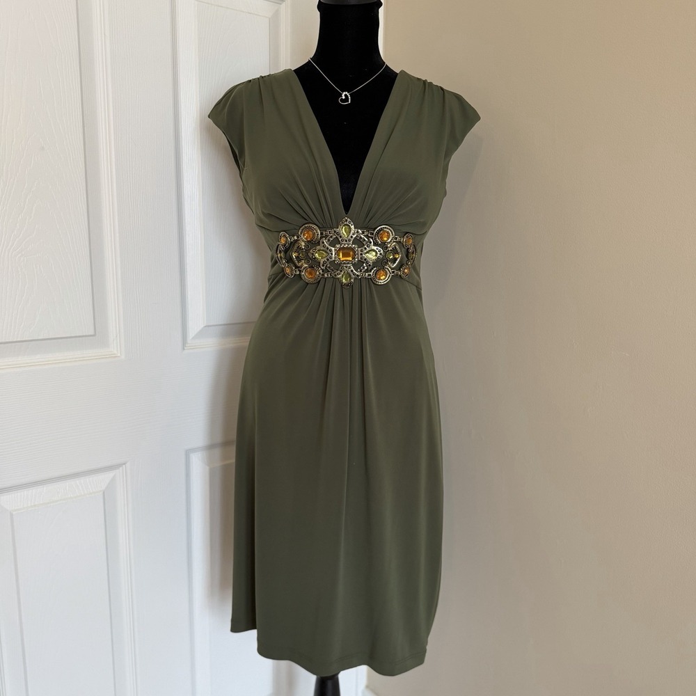 Cache VTG Y2K Dress Sz 8 Green Deep V Hourglass Boho Pencil Jewel Waist Party